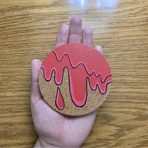 Red Grime Drip Painted Cork Coaster - Picture 2 of 4